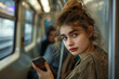 Beautiful young European woman is using a train or subway.