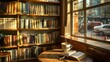A serene, sunlit corner of a café with a small bookshelf filled with well-loved books available for customers to read.
