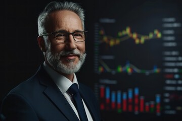 Wall Mural - A photo of an attractive smiling stock market professional man wearing a suit and glasses standing in front of a background with rising graph lines and numbers