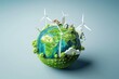 3D rendering of Earth with a green city and wind turbines on a light blue background. Concept for eco-friendly energy and sustainable development in the style of Mac Studio lighting.