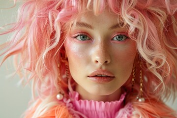 Gorgeous young woman with vibrant curly pink hair in a stylish studio photoshoot