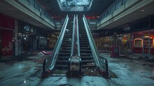 Capture the eerie stillness of a deserted shopping mall, its storefronts boarded up and escalators frozen in time, a monument to the fleeting nature of consumer culture.
