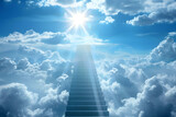 Fototapeta Na sufit - Illustration of a stairway ascending towards heavenly realms with a bright sky, clouds, and sun shining through the stairway. Symbolizing spiritual transcendence and enlightenment. 