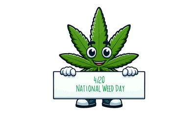 Wall Mural - 420 International Weed Day greeting card with cute cannabis character, isolated on white background with copy space for text.