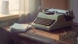 An elegant, minimalist composition of a vintage typewriter on an old wooden desk, with a stack of freshly typed manuscript pages beside it. copy space for text