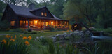 Craftsman house in the evening, with a nearby rustic mill and the sound of a waterwheel