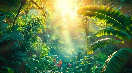 Poster -  Sun rays filter through lush foliage in a dense tropical forest, featuring numerous trees and vegetation in the foreground