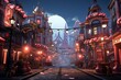 Fantasy illustration of a street at night with a full moon in the background