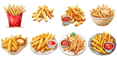 French fries transparent water color collection set in png no background for decoration.