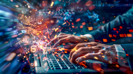 Futuristic cyberspace data stream with typing hands