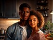 Dark-skinned guy and girl in love in the kitchen. Symbol of home family happiness
