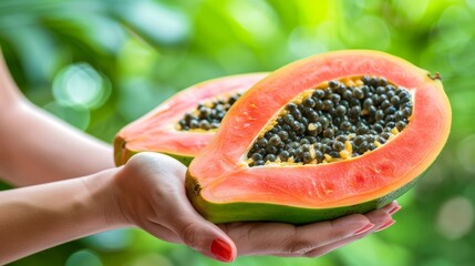 Wall Mural - Hand holding fresh papaya, selective focus on juicy fruit with blurred background and copy space