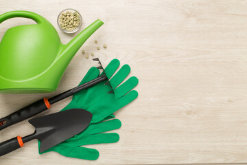 Green gardening tools on wooden background, top view