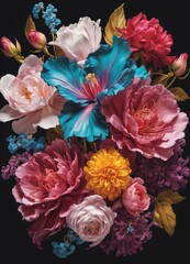  bouquet of colorful flowers, including pink, blue, and yellow, arranged against a black background.