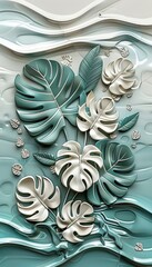 Wall Mural - 3d white and green geometric floral tiles wall with tropical leaves texture background