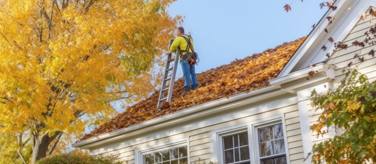 man on ladder cleaning house gutter from leaves and dirt 