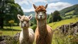 A pair of llamas in the green pastur
