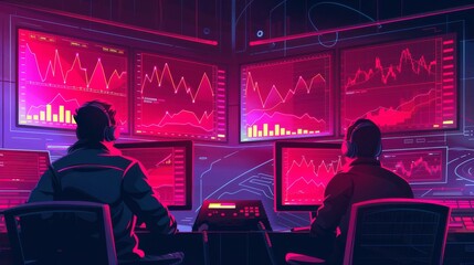 Wall Mural - Cyberpunk economy, big monitors with vital graphs showing a bad trend in stoks, pain, financial failure, illustration, flat design, concept, hackers 