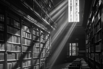 Poster - An atmospheric black and white photo capturing beams of light pouring through library windows, enlightening the ancient tomes within