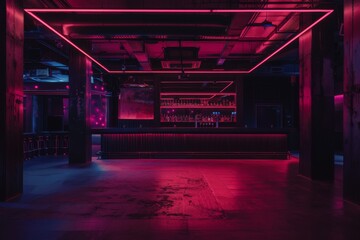 Wall Mural - A moody, atmospheric shot capturing the essence of an empty bar bathed in vibrant neon lights creating a futuristic and mysterious ambiance