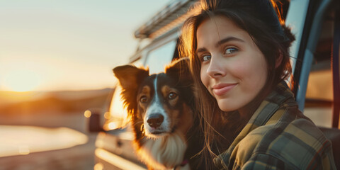 Wall Mural - Beautiful young female travelers and her dog going on a trip by a minivan. Adventurous young woman with a pet. Hiking and trekking on a nature trail.