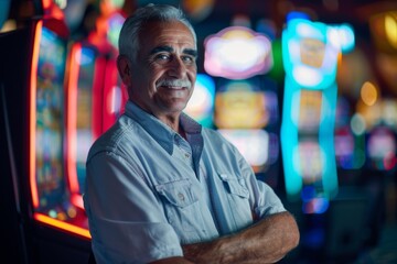 An elder man sits thoughtfully near bright colorful slot machines in the vibrant atmosphere of a casino