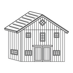 Wall Mural - Black white monochrome line wooden barn. Isolated vector illustration on white background for coloring book