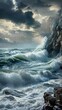 Rocky coast with crashing waves, stormy sky, dynamic angle, dramatic lighting, high realism 