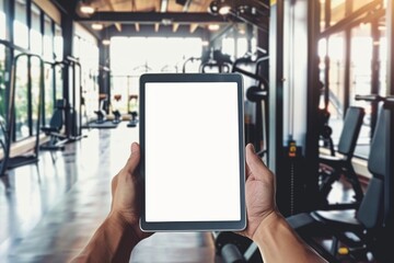 Poster - Person holding a white screen tablet perfect for app mockups in a gym environment with fitness equipment