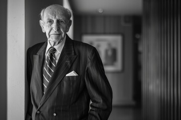 Monochrome image of an old man with a pensive look standing by artwork in black and white adding drama