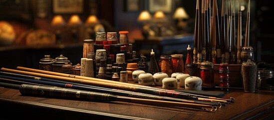 Antique tables and vintage cue sticks