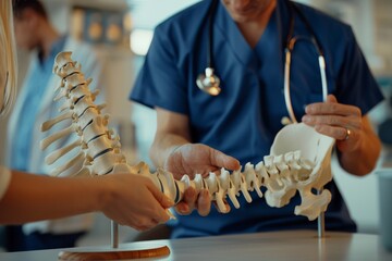 Aufkleber - Two healthcare professionals engaging in an educational discussion over a human skeleton model, emphasizing anatomical features