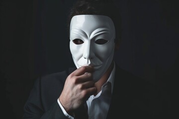 Formal attire paired with white mask signifying duplicity