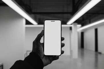Aufkleber - Grayscale image emphasizing the blank screen of a smartphone held by a hand in an office with artistic lighting
