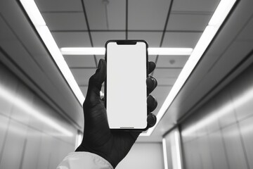 Aufkleber - A striking image of a hand holding a smartphone with a blank screen, illuminated by overhead linear lights in an office