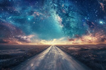 Poster - A captivating digital artwork showcasing an endless road leading to a horizon beneath a starlit sky, symbolizing a journey