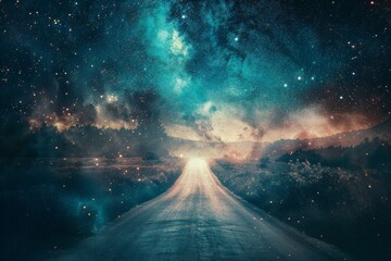 Poster - An enthralling digital depiction of a forest road bathed in starlight, creating a bridge between reality and fantasy