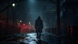 shadow man wandering through a city at night