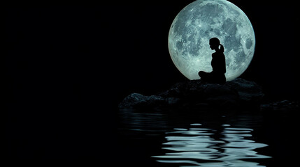 A woman's silhouette sitting on a rock, gazing at a luminous full moon reflected in a tranquil lake. Black background color.