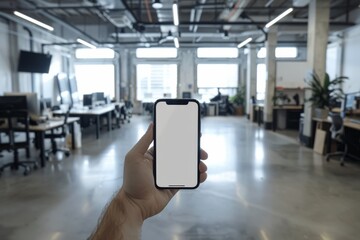 Aufkleber - An individual holding a smartphone with a blank screen in a contemporary open office workspace environment