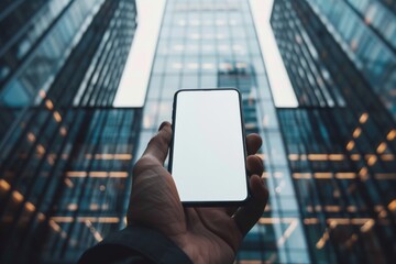 Aufkleber - A person's hand displays a smartphone with a blank screen in front of towering glass skyscrapers, signifying connectivity in urban spaces