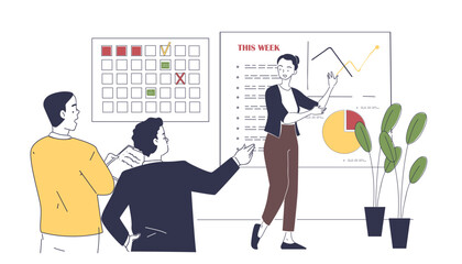 Poster - Project coordinator with tasks simple. Woman with graphs and diagrams. Infographics and statistics. Business goals settings. Doodle flat vector illustration isolated on white background
