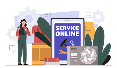 Poster - Service worker online concept. Woman in uniform with wrench and hammer. Toolbox with equipment for repair and rennovation. Cartoon flat vector illustration isolated on white background