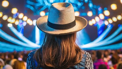 Back view of a young american woman fan of country music attending a country music concert wearing a cowboy hat and copy space