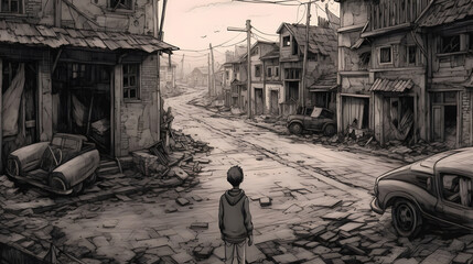 Wall Mural - a boy is standing in a scene of destroyed streets