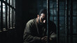 A prisoner in a cell behind bars suffers from depression