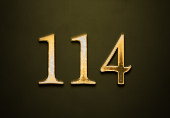 Old gold effect of 114 number with 3D glossy style Mockup.