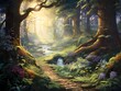 Digital painting of a path in a fantasy forest with trees and flowers