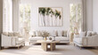 Bright airy living room with white walls and furnishings, natural textures and green accents in a modern minimalist style