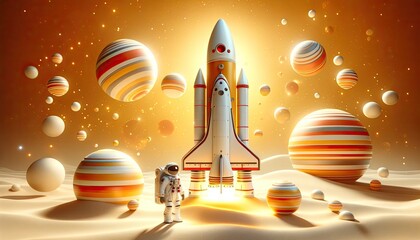 A whimsical illustration of a spaceman and a rocket in a desert-like alien planet with striped spheres